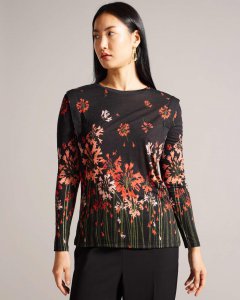 Feonlaa Printed Long Sleeve Top With Shoulder Pleat