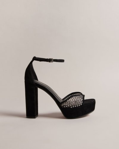 Bexins Crystal Mesh And Suede Platform Sandals