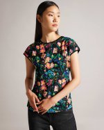 Karlih Sketchy Magnolia Print Woven Front T-Shirt