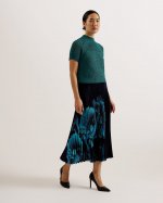 Izmir Floral Print Satin Pleated Midi Skirt