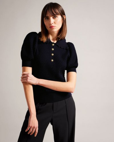 Reannia Polo Knit Top With Embellished Buttons