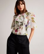 Arelln Floral High Neck Top With Lace Details