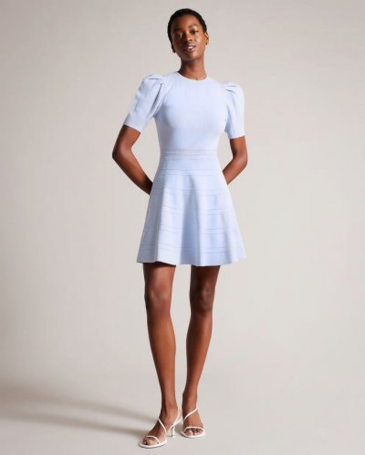 Velvey Puff Sleeve Dress With Engineered Skirt