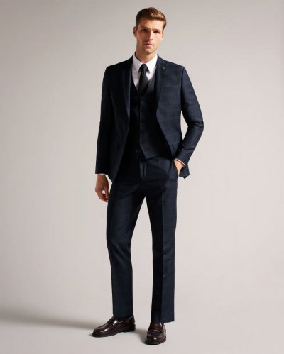 Meraews Slim Fit Navy Check Suit Waistcost