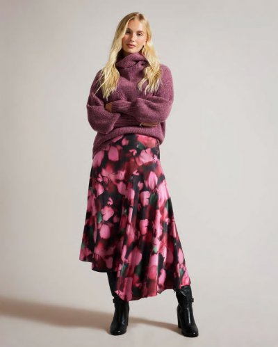 Lizziee Asymmetric Petal Print Midi Skirt