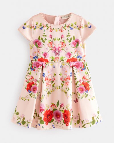 Leelay Satin Floral Print Pleated Dress