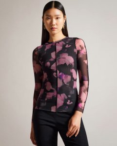 Aleeina Long Sleeve Abstract Print Mesh Top