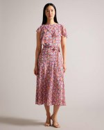 Priiyah Midaxi Belted Tea Dress With Ruffles