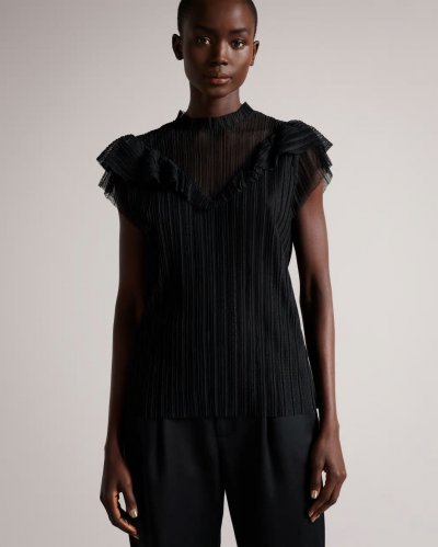 Kaelly Pleated Mesh Top With Frill