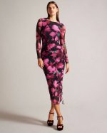 Lilzaan Ruched Petal Print Bodycon Dress