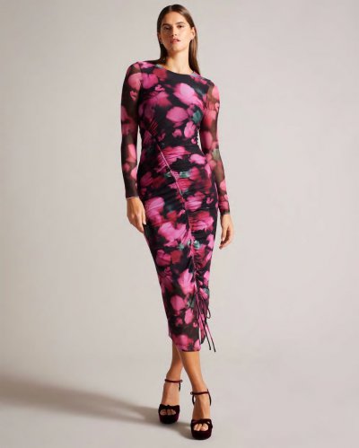 Lilzaan Ruched Petal Print Bodycon Dress