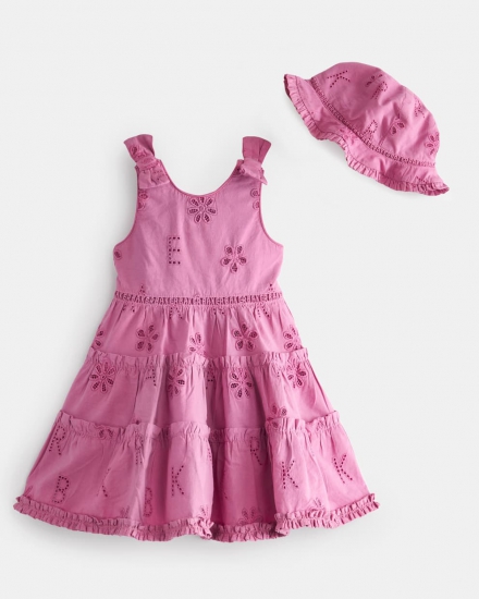 Lanette Broderie Tiered Dress And Hat Set - Click Image to Close