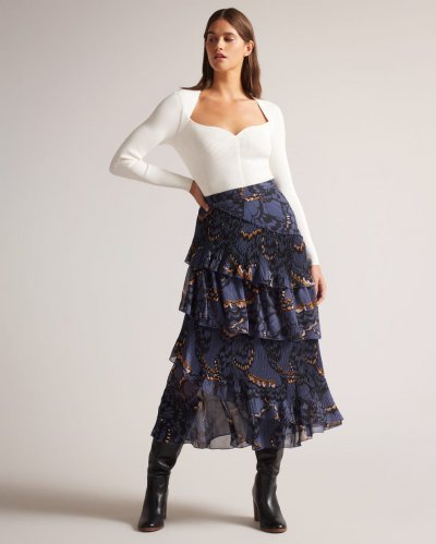 Furela Asymmetric Tiered Midi Skirt