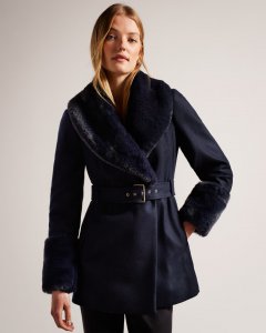 Loleta Belted Coat With Faux Fur Collar and Cuffs