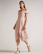 Edenio Bardot Midi Dress With Ruffle Skirt