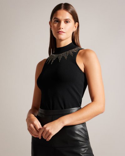 Larinaa Fitted Knit Vest With Embellished Neckline