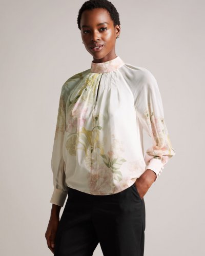 Lelyaa High Neck Pleat Detailing Long Sleeve Top