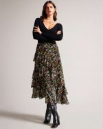 Rianah Tiered Asymmetric Frill Midi Skirt