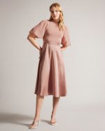 Brontei Puff Sleeve Fitted Bodice Midi Dress