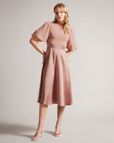 Brontei Puff Sleeve Fitted Bodice Midi Dress