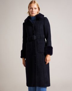 Lyddiia Longline Wool Blend Coat With Faux Fur