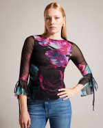 Catyela Floral Mesh Top With Fluted Sleeve