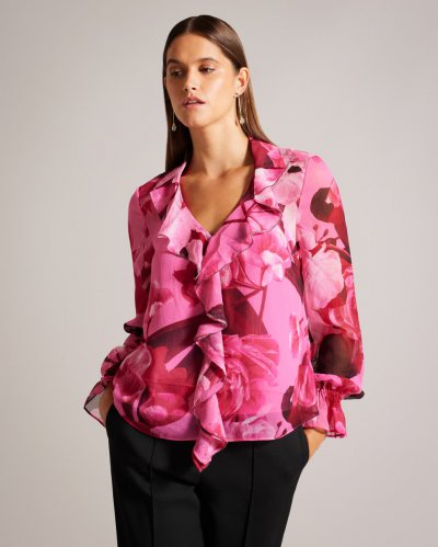 Luuciie Floral Print Ruffle Trim Blouse