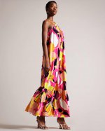 Ikella Abstract Print Pleated Halter Maxi Dress