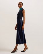 Paolla Twist Neck Midi Dress With Satin Skirt