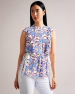 Audriar Poppy Peplum Top With Contrast Ties