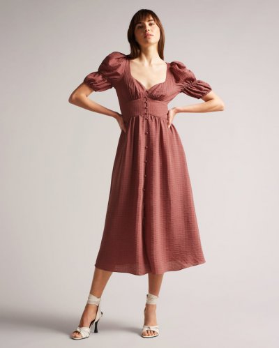 Angeia Textured Crepe Button Front Midi Dress