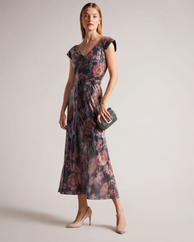 Ninia Floral Midaxi Sequin Dress With Belt