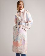 Myiah Abstract Print Linen Trench Coat