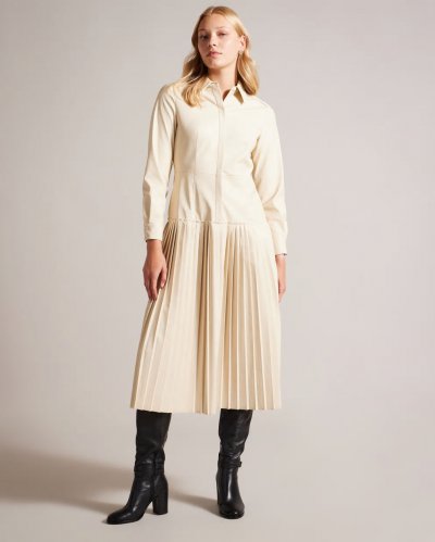 Navaehh Faux Leather Pleated Midi Shirt Dress