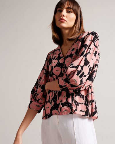 Stephii V Neck Poppy Print Blouse