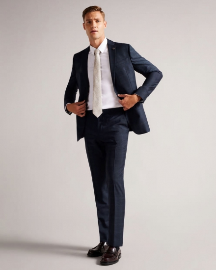 Meraets Slim Fit Navy Check Suit Trousers - Click Image to Close