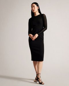 Ivylou Bodycon Midi Dress With Sheer Sleeves