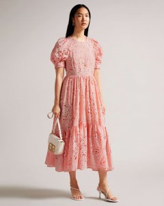 Esthher Puff Sleeve Tiered Midi Dress