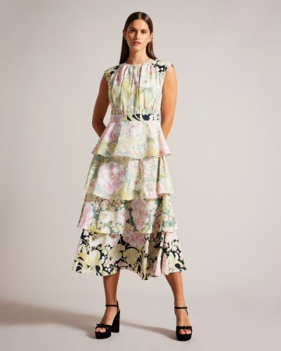 Mireile Tiered Midi Dress With Gathered Bodice