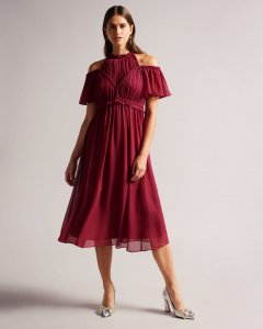 Paigei Cold Shoulder Ruffled Cocktail Dress With Rope Details