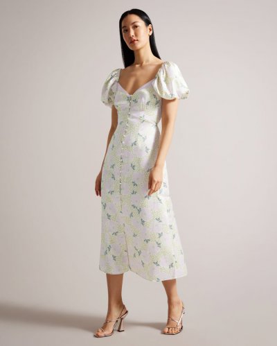 Ledaah Puff Sleeve Midi Tea Dress