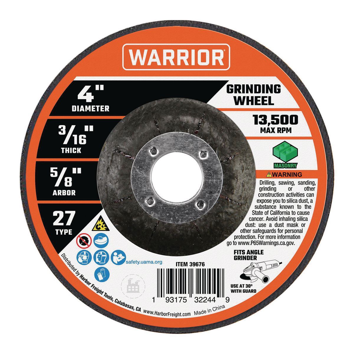 WARRIOR 4 in. x 3/16 in. x 5/8 in. Masonry Grinding Wheel