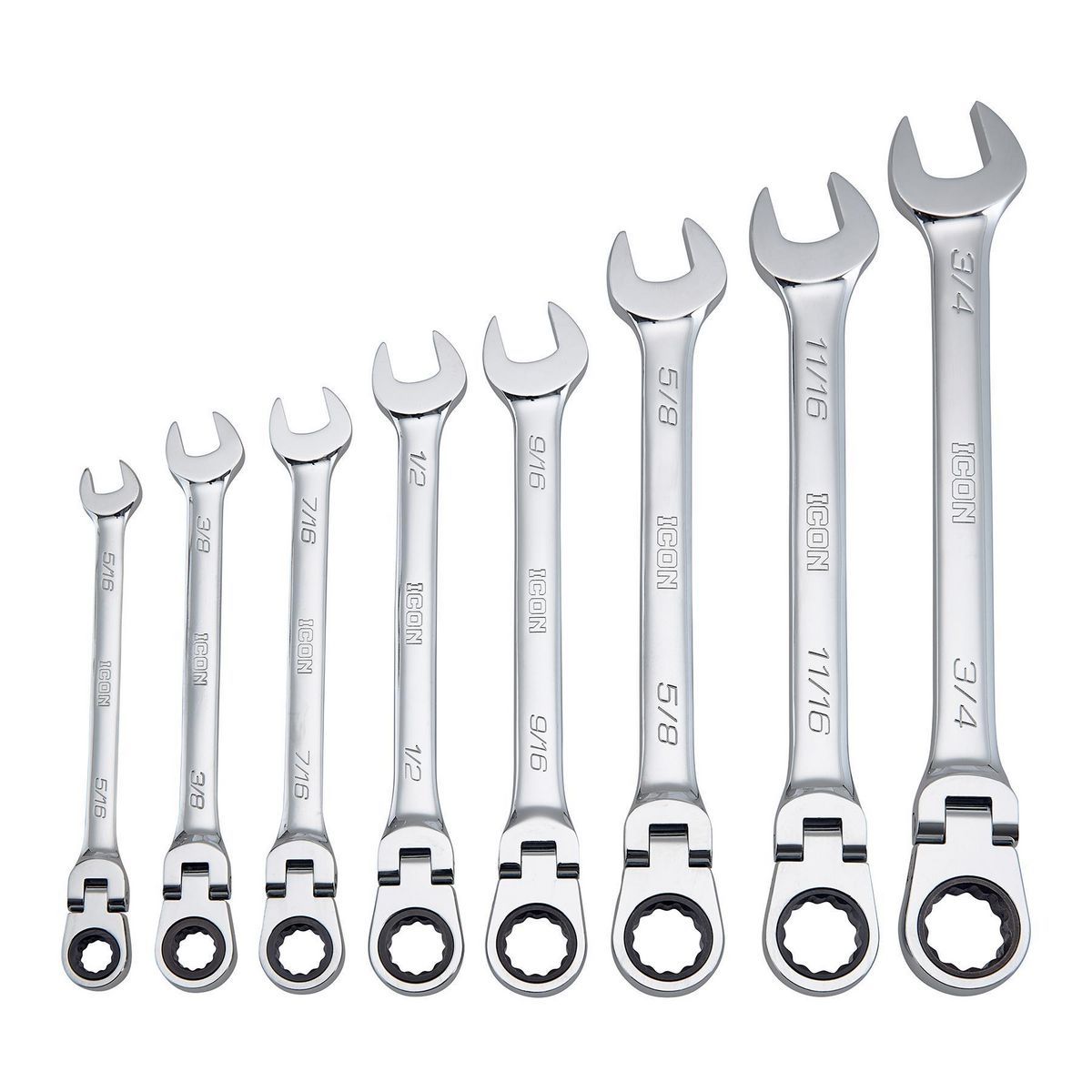 ICON Professional Flex-Head SAE Ratcheting Combination Wrench, 8 Piece