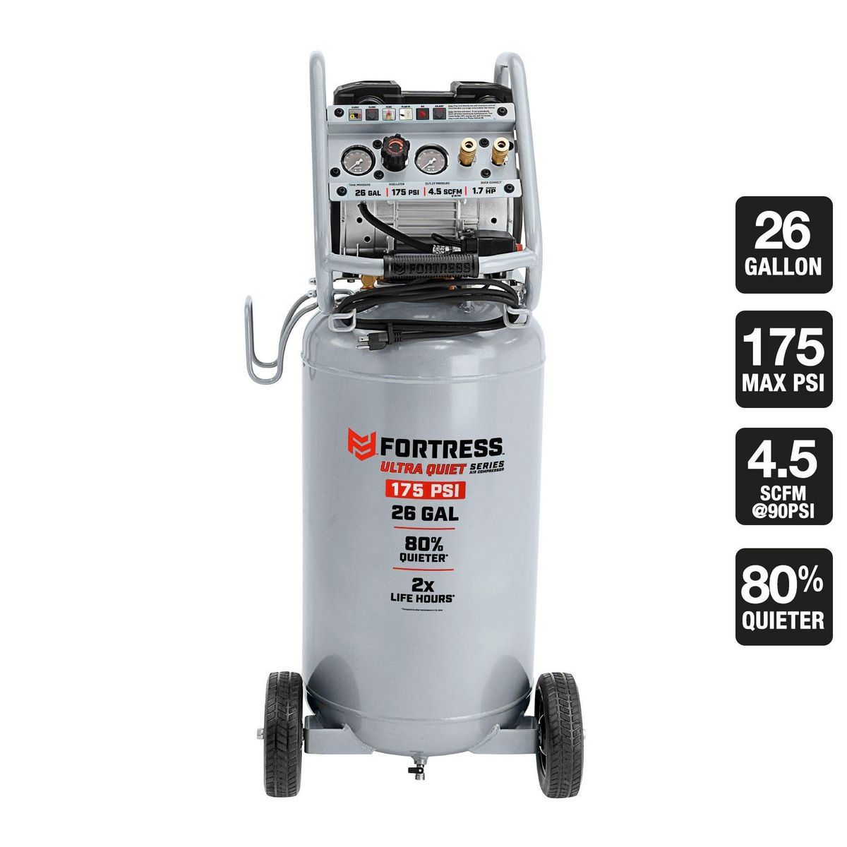 FORTRESS 26 Gallon 175 PSI Ultra Quiet Vertical Shop/Auto Air Compressor