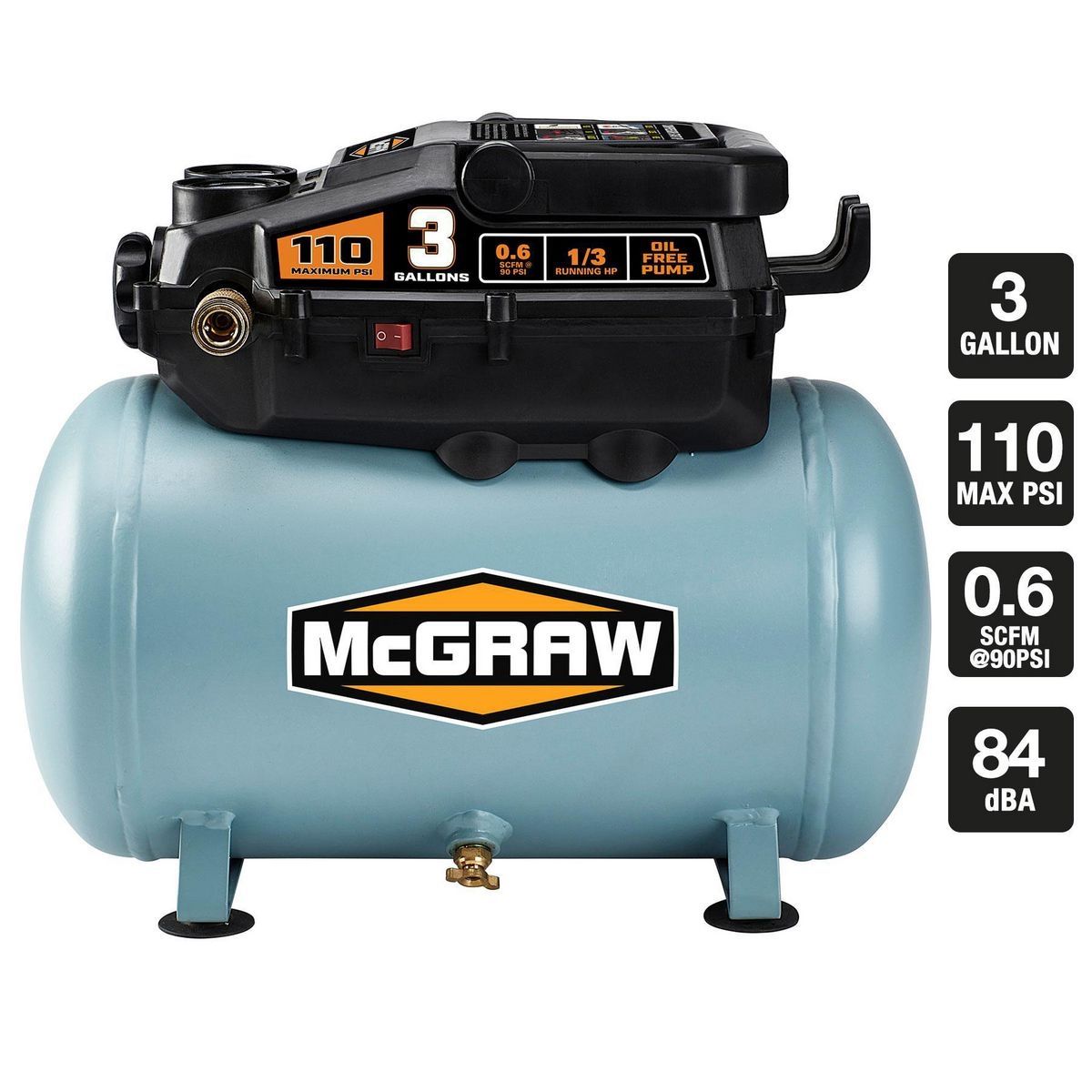 MCGRAW 3 Gallon 1/3 HP 110 PSI Oil-Free Hot Dog Air Compressor