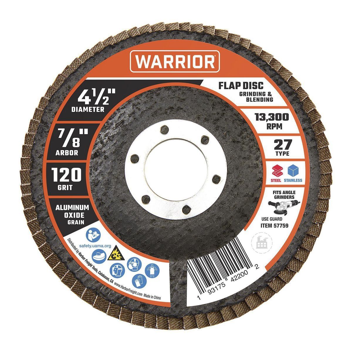 WARRIOR 4-1/2 in. x 7/8 in. 120-Grit Type 27 Flap Disc with Fiberglass Backing and Aluminum oxide Grain