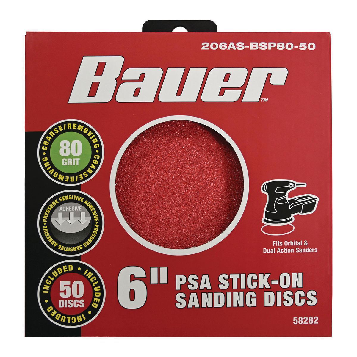 BAUER 6 in., 80 Grit PSA Sanding Discs with Zirconia Alumina Grain, 50 Pack