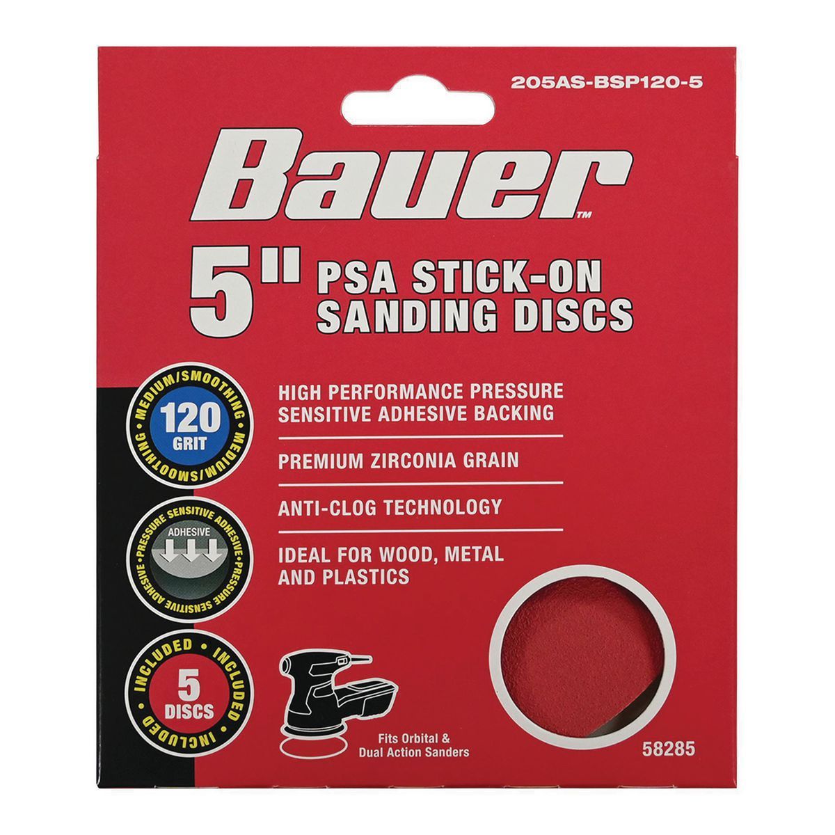 BAUER 5 in., 120 Grit PSA Sanding Discs with Zirconia Alumina Grain, 5 Pack