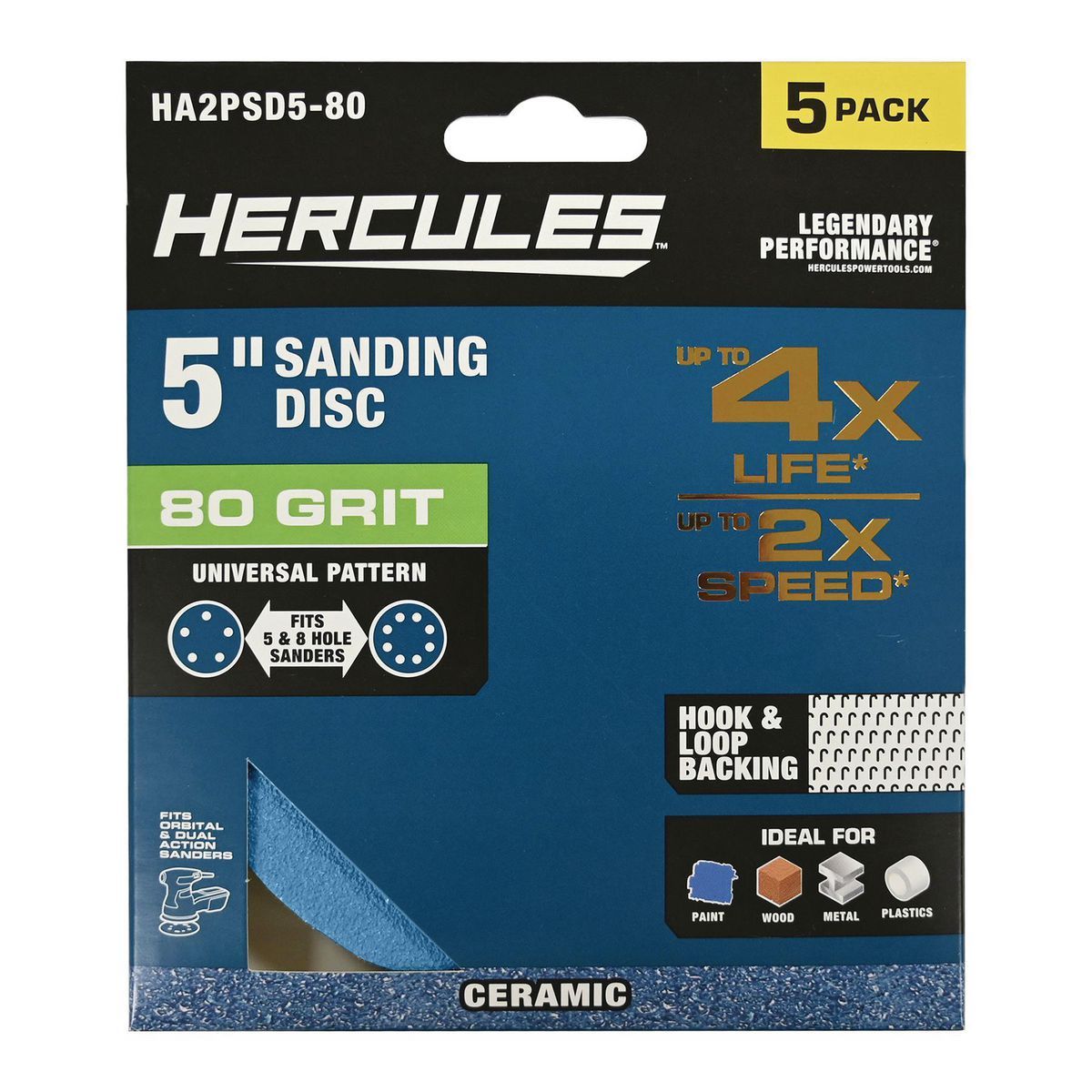 HERCULES 5 in., 80 Grit Hook and Loop Universal Pattern Sanding Disc with Ceramic Alumina Grain, 5 Pack