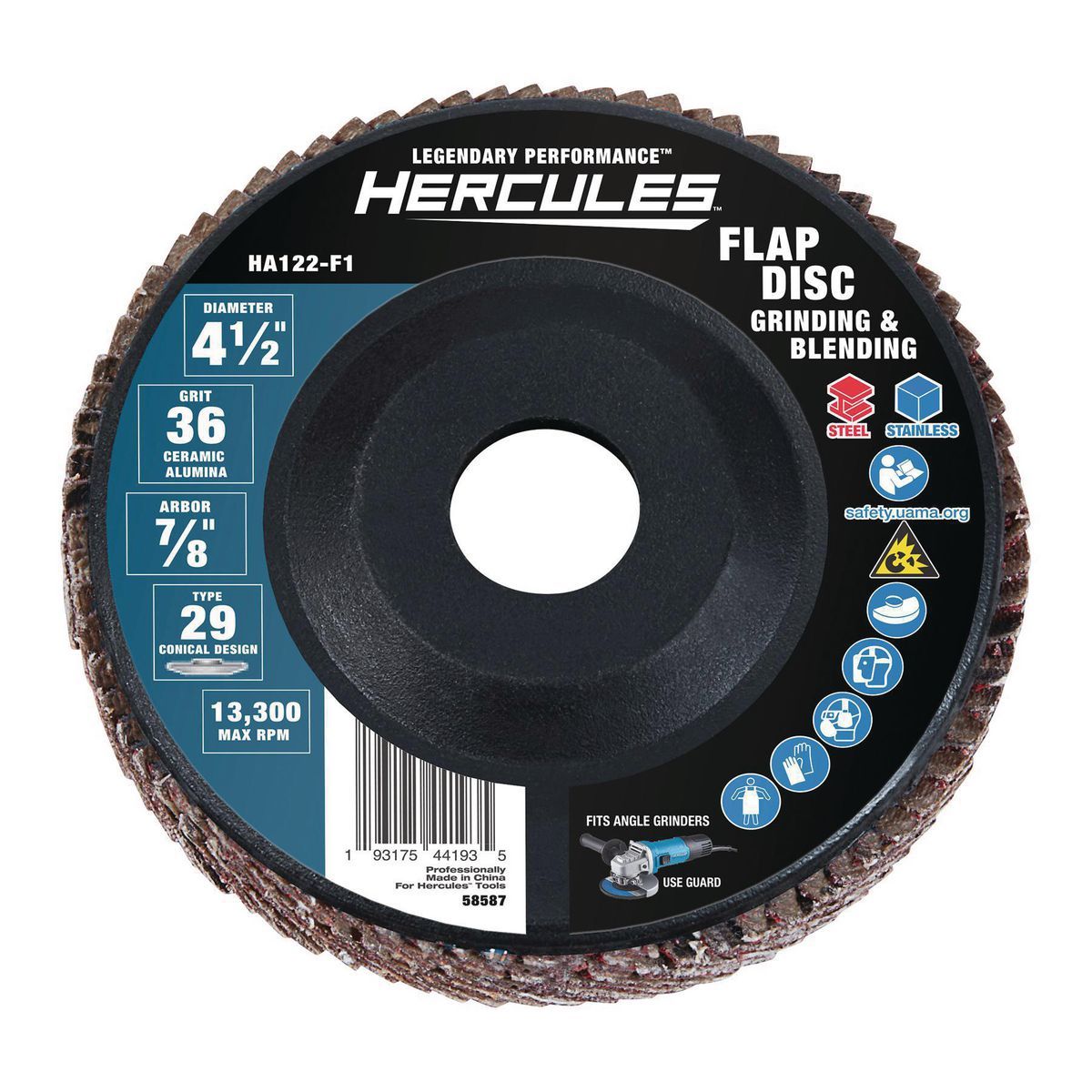 HERCULES 4-1/2 in. x 7/8 in. 36-Grit Type 29 Flap Disc with Plastic Backing and Ceramic Grain